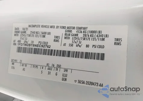 2022 Ford F-250 Xl from USA, damaged, VIN 1FD7W2BT8NEC92762